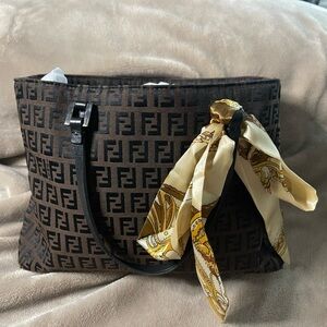 Fendi Brown Zucca Canvas Tote with Scarf Accent